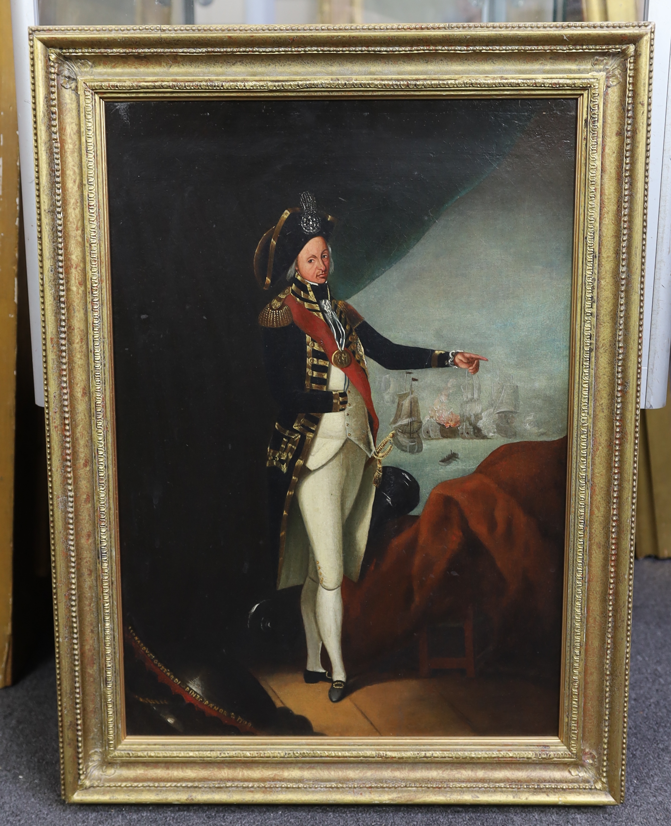 After Leonardo Guzzardi (Italian, active 1798-1800), Full length portrait of Rear Admiral Horatio Nelson (1758-1805), standing gesturing to the Battle of the Nile beyond, oil on canvas, 59 x 41cm